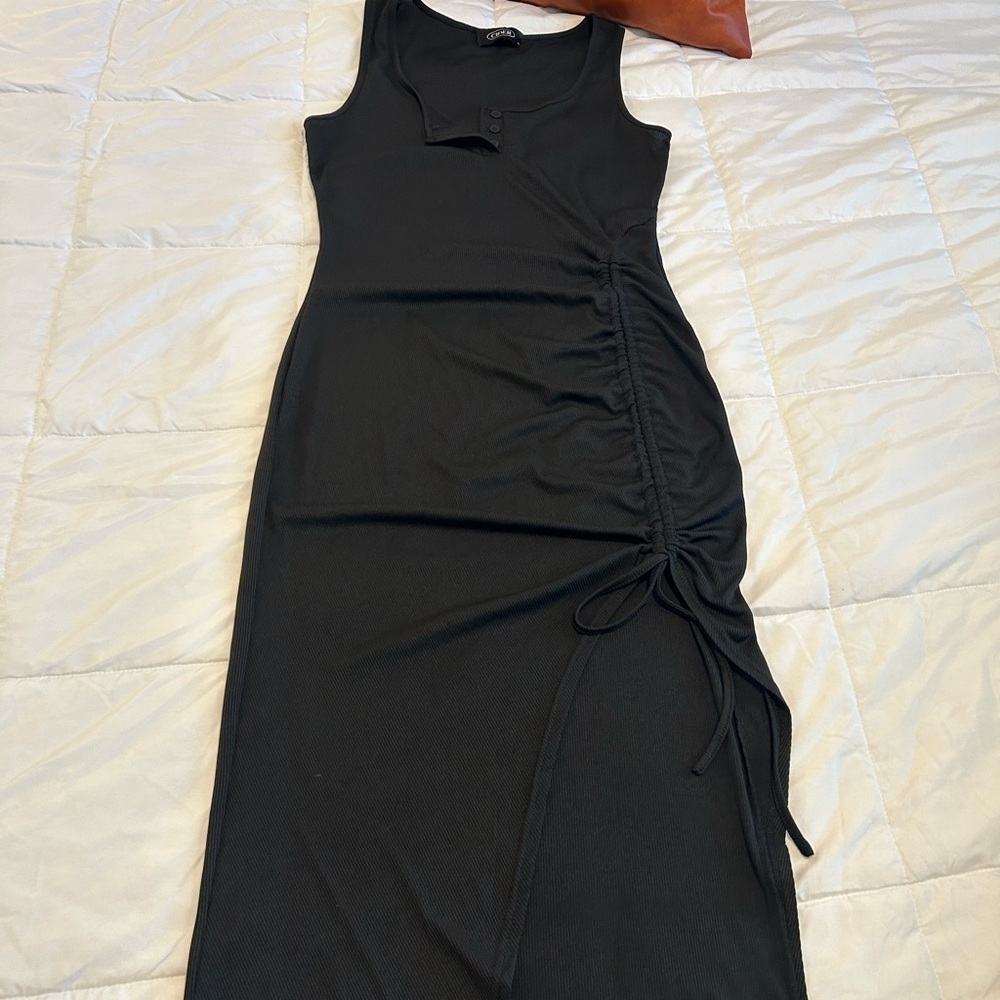 Cider Black Midi Dress with Ruched Detail